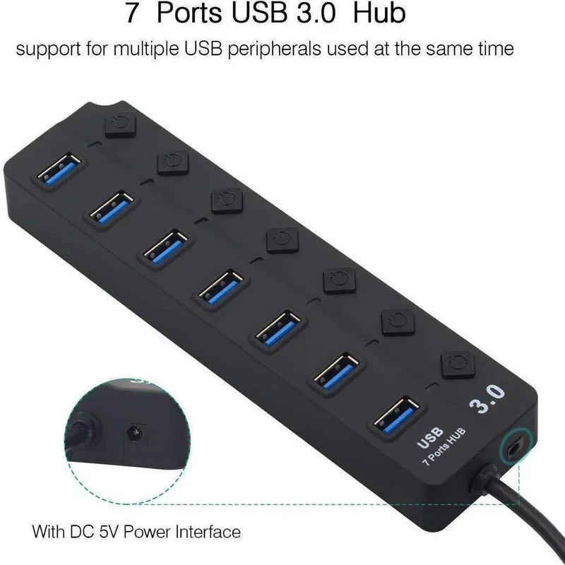 고속 USB 3.0 허브, USB 3.0 허브 분배기, 켜기/끄기 스위치, LED 표시기, EU/US 전원 어댑터 포함, 맥북 노트북 PC용, 4 포트, 7 포트
