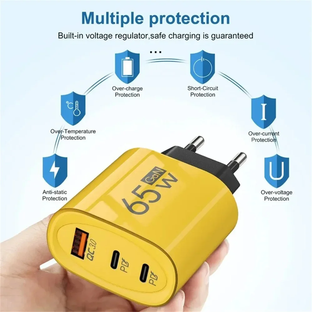 65W GaN USB Fast Charging Charger Quick Charger 3.0 Wall Adapter for iPhone 16 15 Pro Max Samsung Xiaomi 15 Mobile Phone Charger