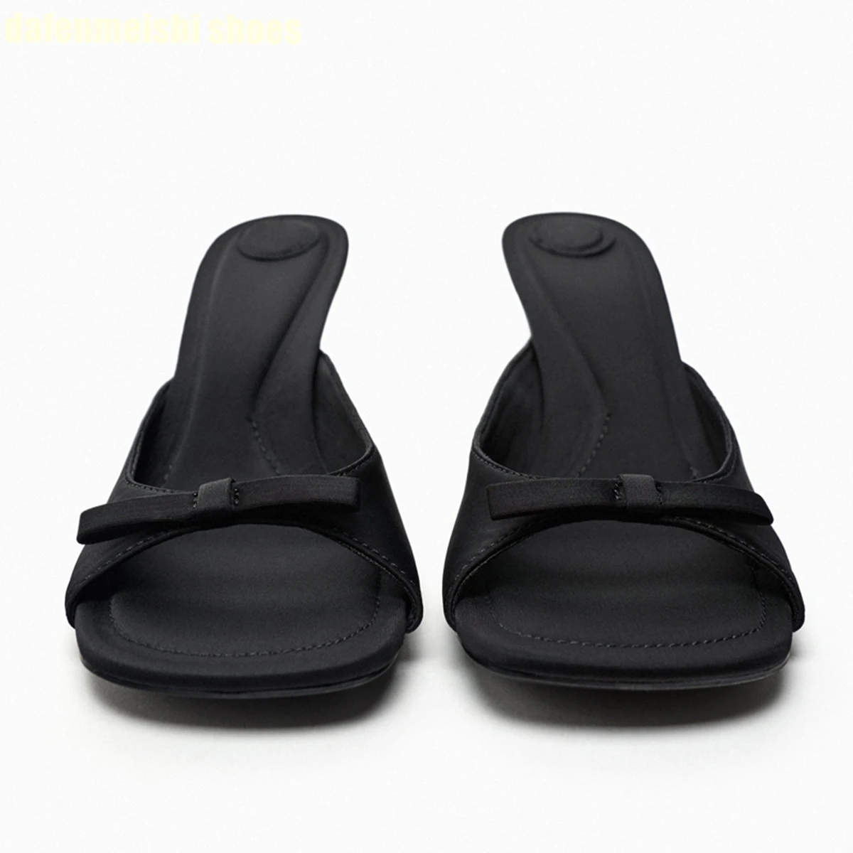 Bow Decorated Fabric High Heel Women Slippers 2024 Summer New Black Slip On Slides Sandals Fashion Open Toe Square Toe Mules