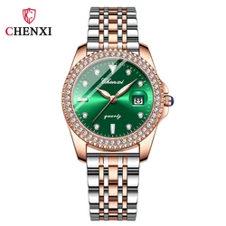 Vintage Style Green Dial Women Watch CHENXI Brand Stainless Steel Wristwatch Rhinestone Design Valentine's Day Gift for Lover