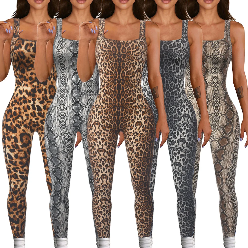 

Женские облегающие комбинезоны с леопардовым принтом и рукавами, 2024, уличный комбинезон на бретелях, цельный костюм, Комбинезоны