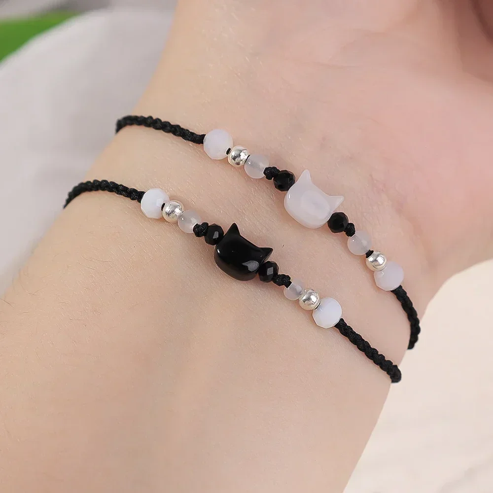 Couples Minimalist Bracelets - 2pcs Natural Moonstone Obsidian  Cat Jewelry Gifts