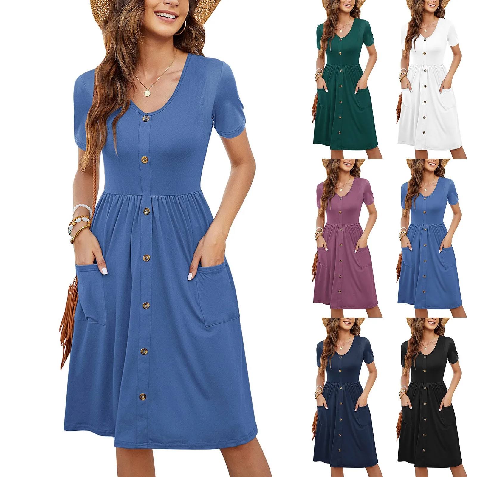 

Women Summer Casual Short Sleeve Dresses Button Down Knee Length Dress With Pockets Elegant Casual Pretty Evening Feminino