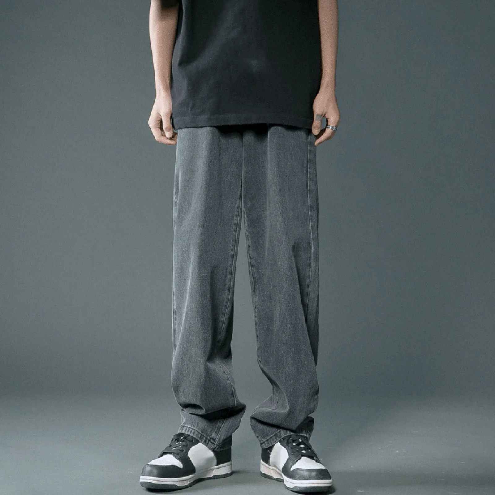 Men Casual Fashionable Loose Plus Size Jeans Solid Color Simplicity Versatile Street Wide Leg Denim Trousers
