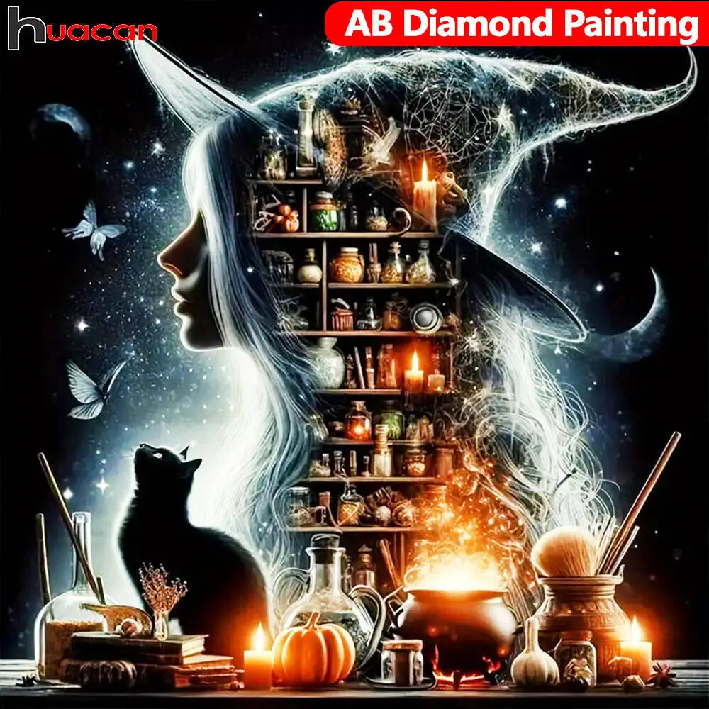 Diamond Painting, Diamond Art Painting Kit, Diamond Painting Set, Huacan's Diamond Painting, Witch 5d, Animal Cat, Rhinestone Pictures, Home Decoration Craft
