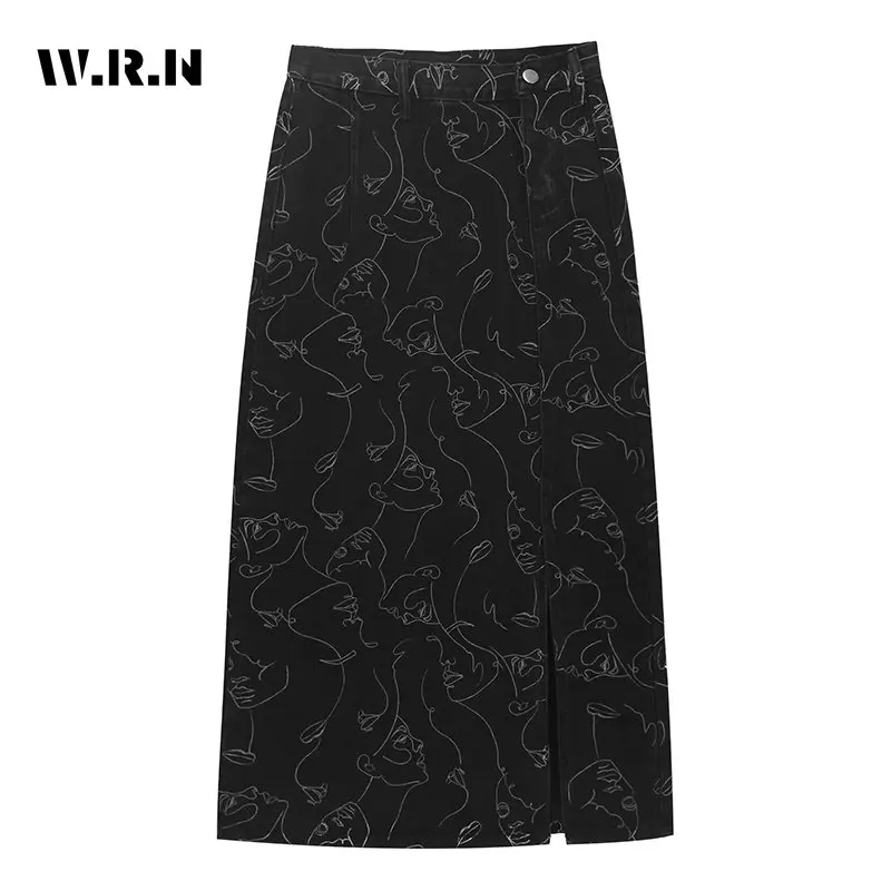

2023 Summer Korean Vintage Baggy Black Print Harajuku Denim Skirt Women's High Waist Y2K Street Basic Casual A-line Slit Skirt