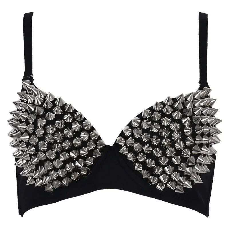 Silver Rivets Punk Rave Bralette Lingerie Gothic Bra Top Nightclub Party Bar Fashion Hot Bras Sexy Push Up Brassiere for Women