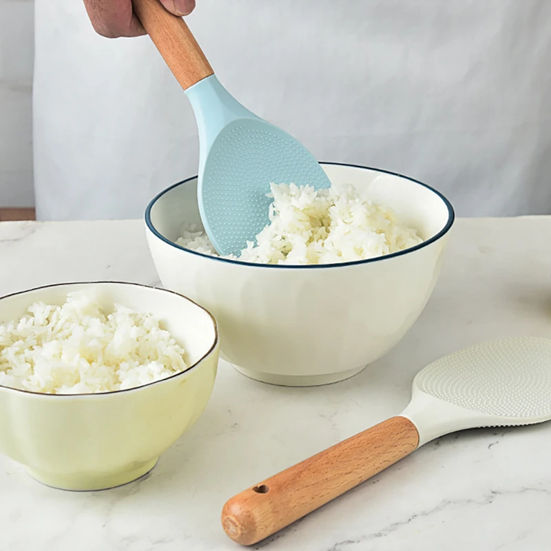 Wooden Handle Silicone Rice Spoon Non Stick Rice Spatula Japanese Cooking Shovels Kitchen Tableware