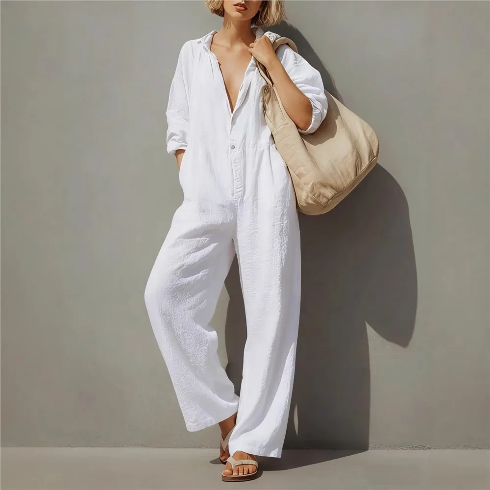 2026 Casual Jumpsuits For Woman Rompers Playsuits Simple Style All-match Homewear Loose Solid Color Holiday V-link Comfortable