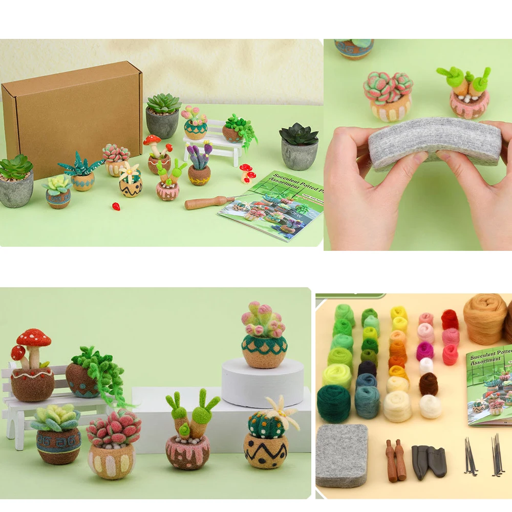 6/9/15 PCS Succulent Beginner Needle Felting Kit Needle Felting Tools Wool Roving Foam Mat Needles and Instructions needle felting kit needle felting painting kit
