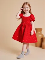 Robe courte à manches courtes en dentelle rouge à col carré décontractée et douce pour les petites filles - Convient aux filles de 4 à 7 ans en été 4