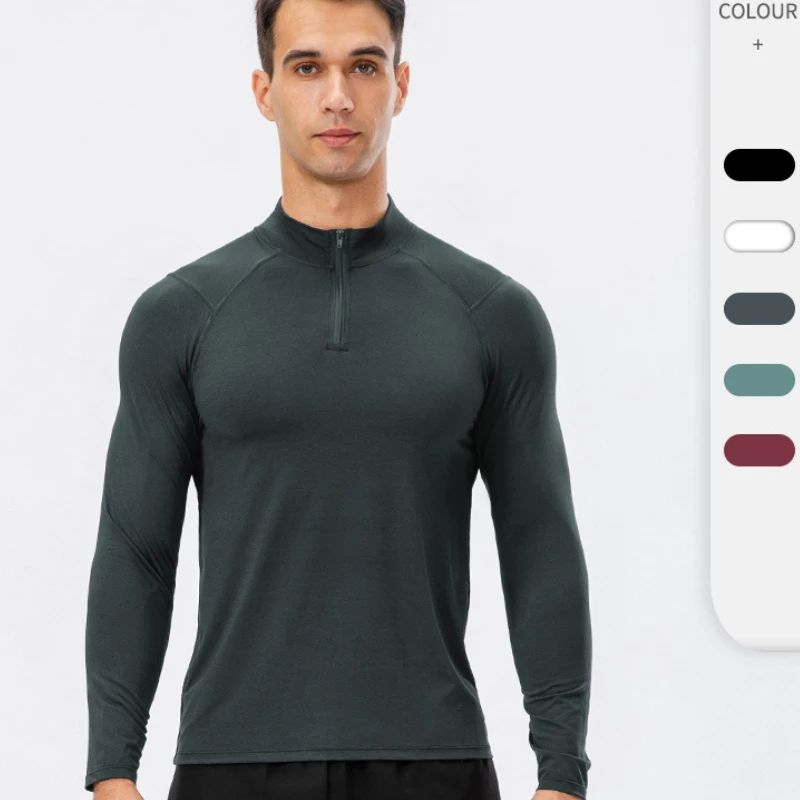 Men's Autumn Fitness Exercise Gym Pullover Quick-Dry Running T-Shirts Half-Zipper Slim Training