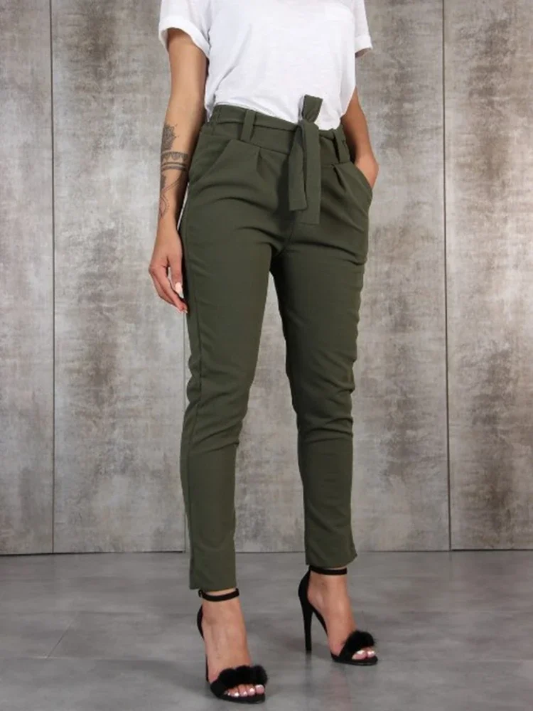 2023 new Spring Summer Autumn Casual Slim Chiffon Thin Pants For Women High Waist Black Khaki Green Pants Woman Trousers