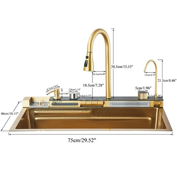 Golden Smart Digital Display Integrated Kitchen Sink Set Temperature Control Waterfall Water Purifier Soap Dispenser Cup Washer 6