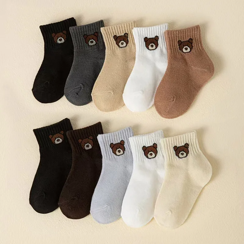 Kids Socks Cute Cartoon Bear Pattern Boys Girls Socks Comfortable for Toddler 5 Pairs