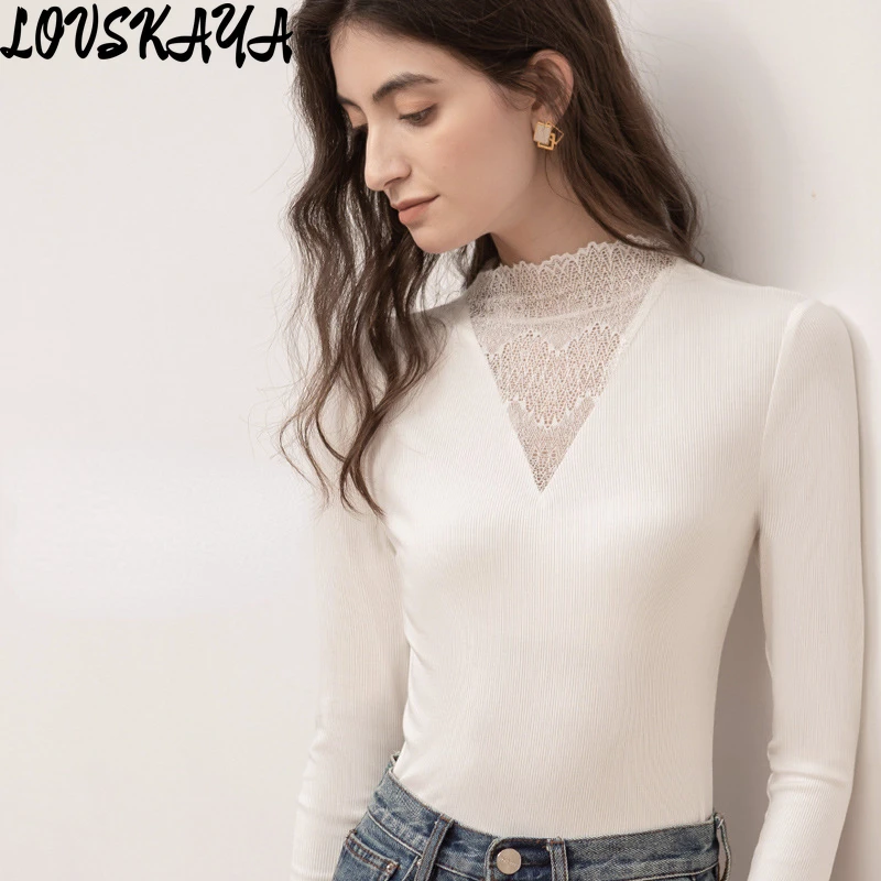 

White lace patchwork slim fit inner lining top T-shirt women's half high collar new style