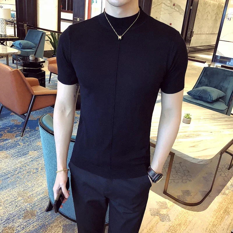 7 Colors Half High Collar Men T-shirt New 2021 Spring Short Sleeve  Solid Color Sweater Pullover T Shirt Slim Knitted Tees Top