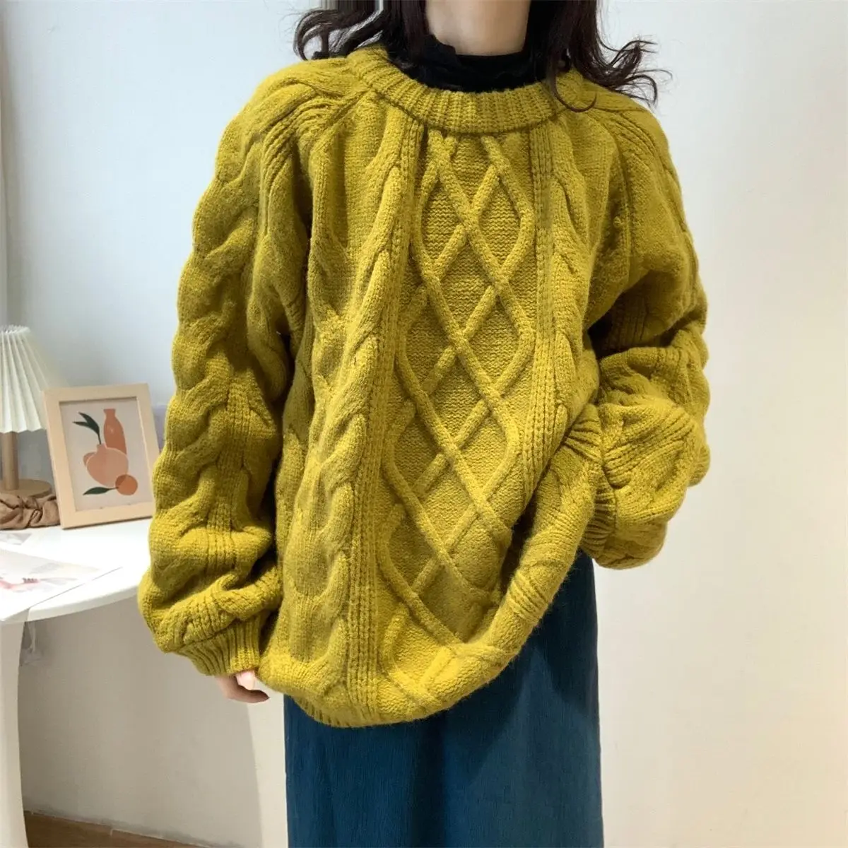 

2023 Hot Selling Autumn and Winter New Versatile Slim Pullover Sweater Vintage Reduced Age Lazy Round Neck Long Sleeve Knit D151