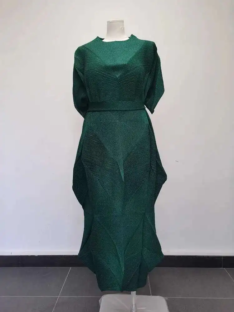 LANMREM Women's Pleated Dress Fashionable Loose Elegant Rondun Collar Short Sleeve Long Dresses With Belt 2025 New 2DB2626 - Image 4