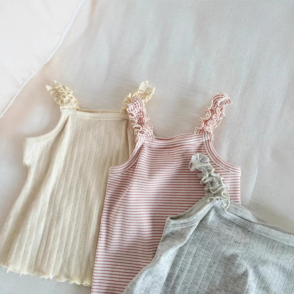 Summer Baby Sleeveless Camisole Cotton Girls Cute Ribbed Striped Sling Vest Toddler Breathable Tops Kids Clothes