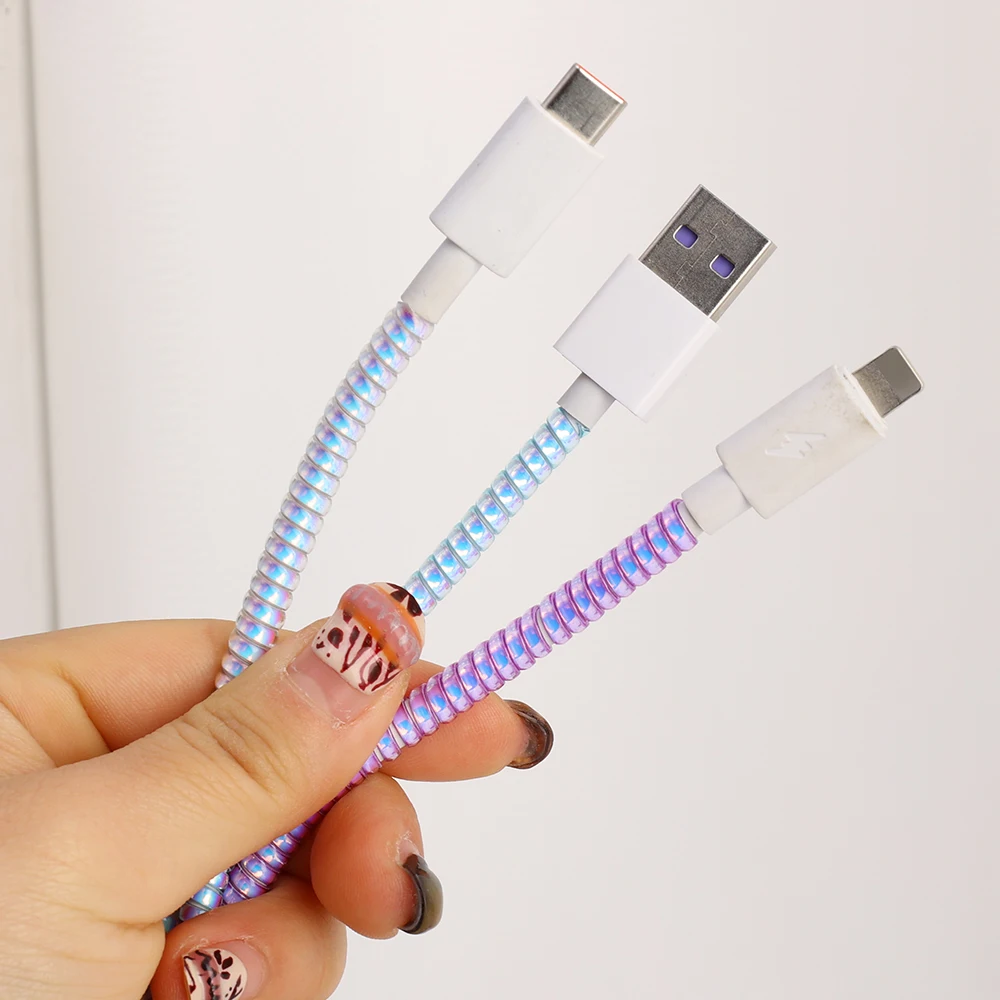 140CM Colorful Laser Spiral USB Data Cable Sleeve Charger Cable Cord  Protector Wrap Cable Winder For iPhone Samsung Mi Universal