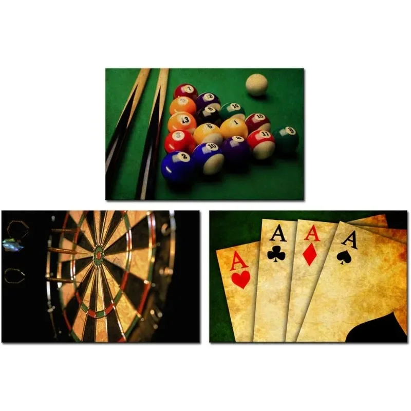 Vintage Wall Art for Living Room Retro Poker Darts Billiards Pictures Wall Art Print Leisure Sport Painting for Game Room