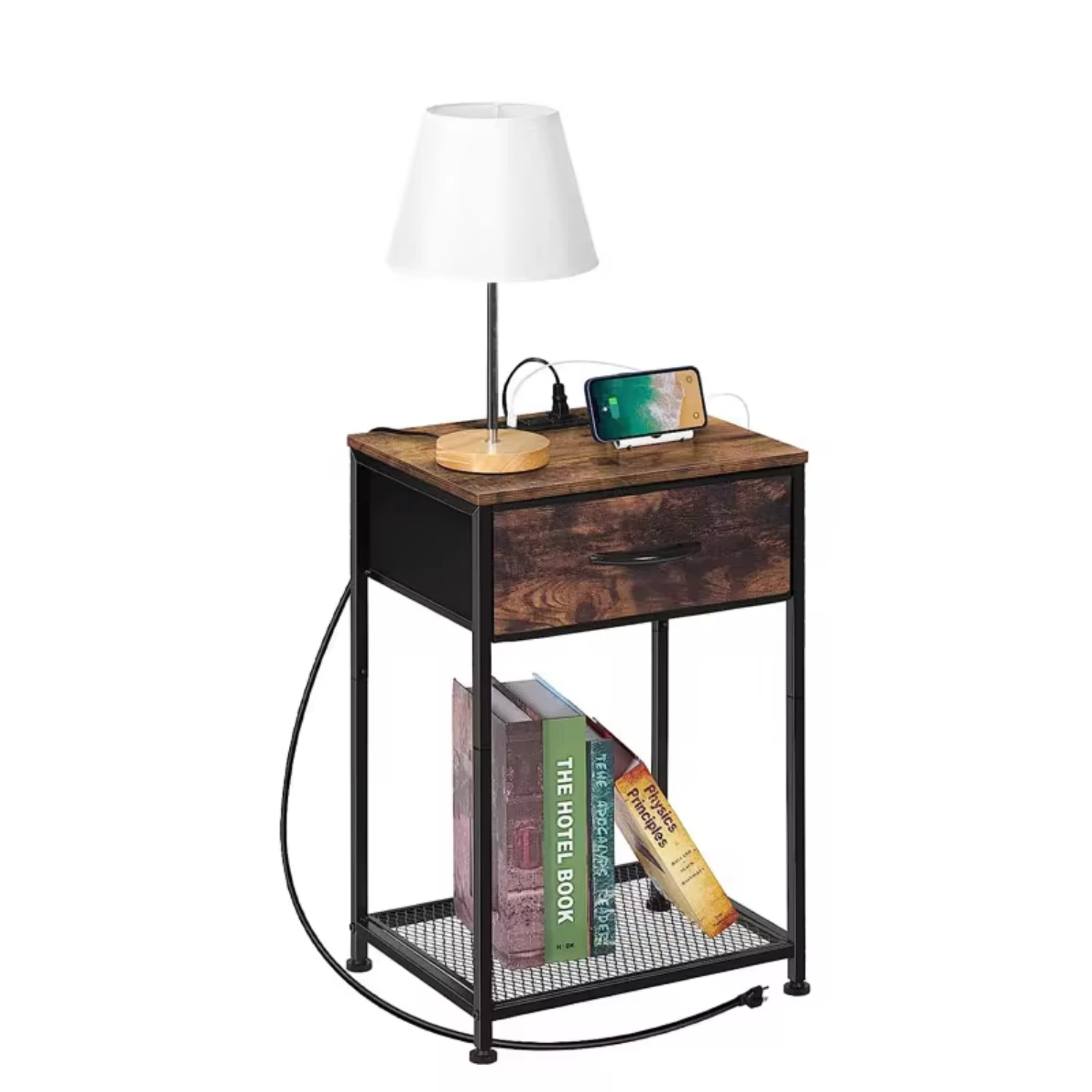 Nightstand End Table with Charging Station USB Ports Drawer  Shelf Brown
