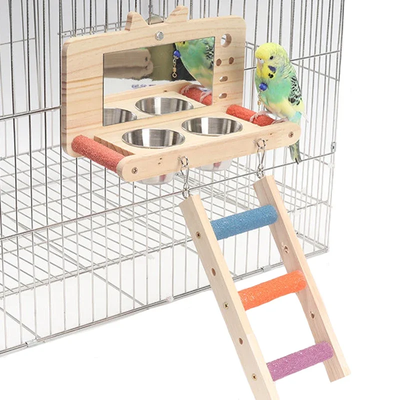 Stainless Steel Bird Feeding Cups Parrot Feeder with Claw Grinding Pole Feed Box with Mirror Toy Cockatiel Bird Cage Accessories