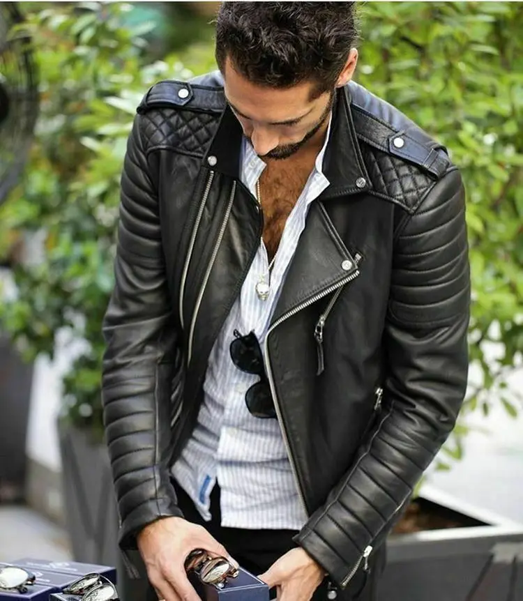 

Mens Biker Quilted Premium Quality Smooth Leather Jacket Black Real Lambskin European and American Fashion Trends