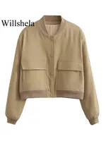 Willshela Women Fashion Solid Bomber Jackets Coat With Pockets V-Neck Single Breasted Long Sleeves Female Chic Lady Outfits 2