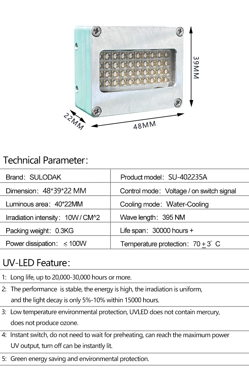 100w SU-402235A 수냉식 선형 UV LED 경화 램프 395nm (엡손 6090, 6045 잉크 사전 경화, variuV 접착제 건조, 바니시용)