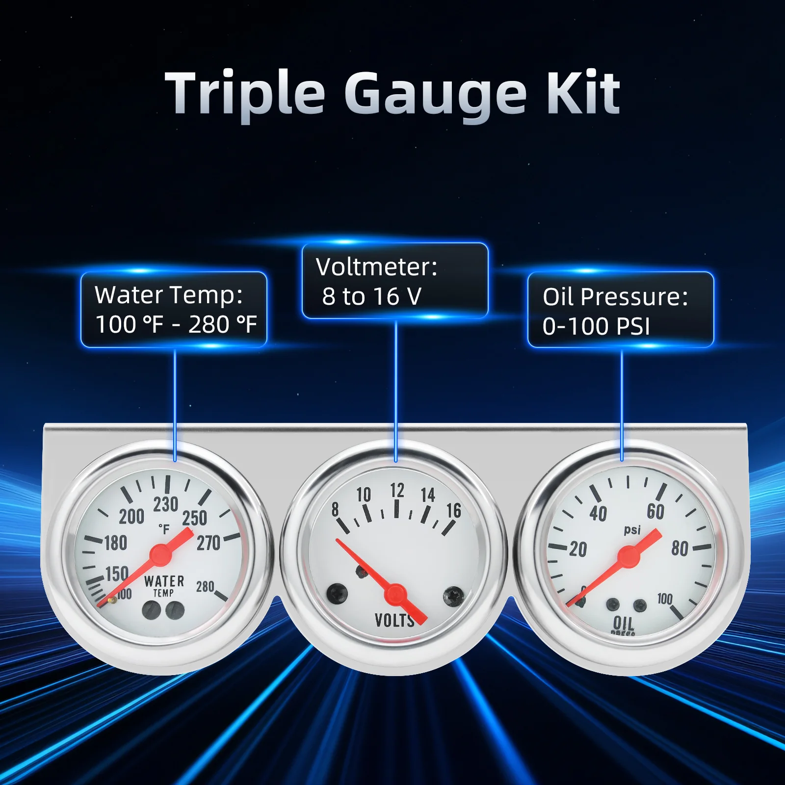 3 IN 1 Car Gauge Water Temp + Voltage + Oil Pressure Gauge Meter with LED Light for Car Marine Trucks Tractor Triple Gauge Set