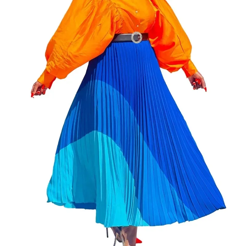 2023 autumn brand designer women spring autumn elegant chic solid pleated skirt high waist luxury fashion with elastic female Women Vintage Pleated with Belt Big Swing Skirt 2023 Autumn Winter Female Street Chic Patchwork Maxi Long Skirts