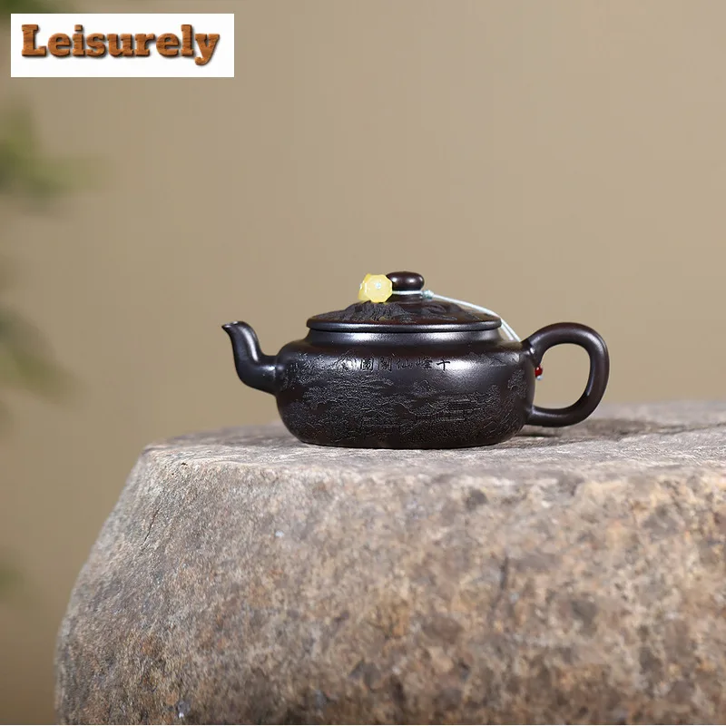 200ml Yixing Purple Clay Teapots Artists Handmade Asahi Hat Pot Raw Ore Antique Brass Mud Kettle With Strainer Zisha Teaset Gift