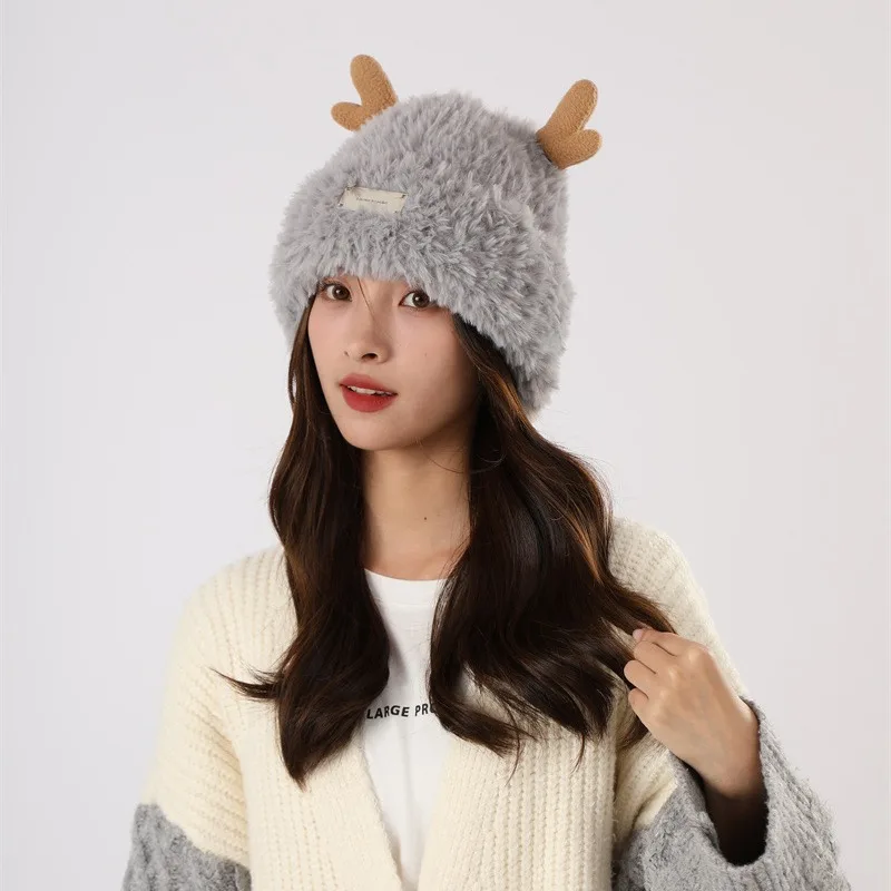 2024 Large Size Cute Faux Fur Earflap Caps Women Christmas Moose Reindeer Warm Ski Hat Men Winter Deer Antler Warm Beanie