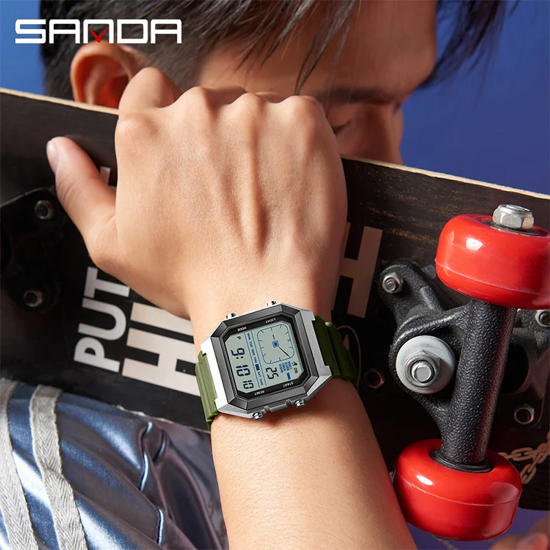 SANDA 6307 Waterproof Square Analog-Digital Watch with Night Light and Countdown Timer