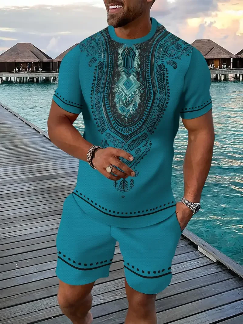 2025 خمر الرجال تي شيرت مجموعة تي شيرتات قصيرة للأطفال ثلاثية الأبعاد النمط العرقي الأفريقي طباعة عادية هاواي تيز دعوى الصيف الرجال النساء رياضية الزي