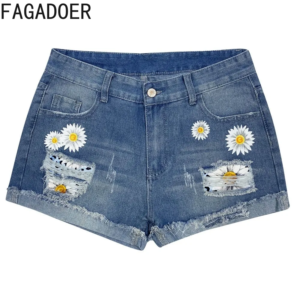 HLJ Summer New Printing Hole Denim Shorts Women High Waisted Button Pocket Slim Jean Fashion Female Cowboy Matching Bottoms 2024