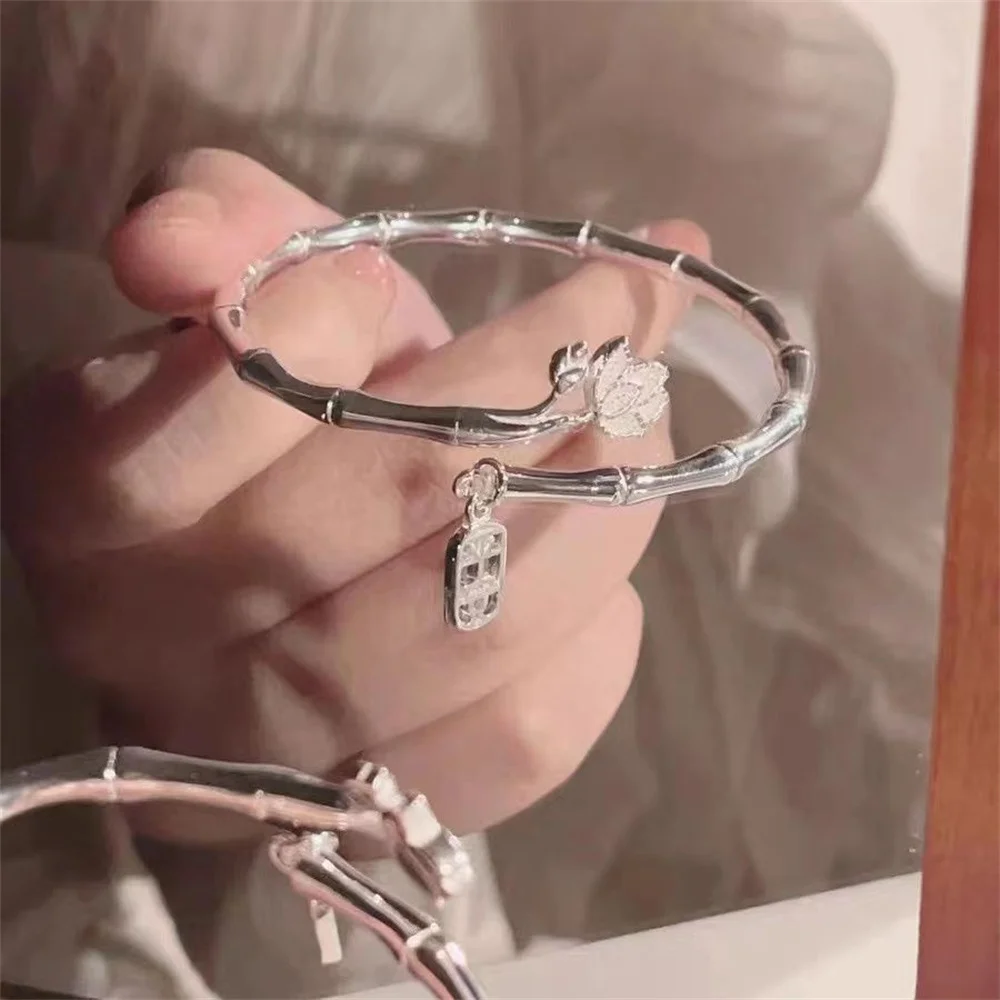 Bamboo Bracelet For Women Silver Color Fashion Lotus Flower Make A Wish Women Jewelry Birthday Present Gift