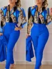 Elegant Women Printed Two Piece Suit Sets Spring Autumn V Neck Long Sleeve Shirt Top & Long Pants Set With Belt Workwear Outfits 6