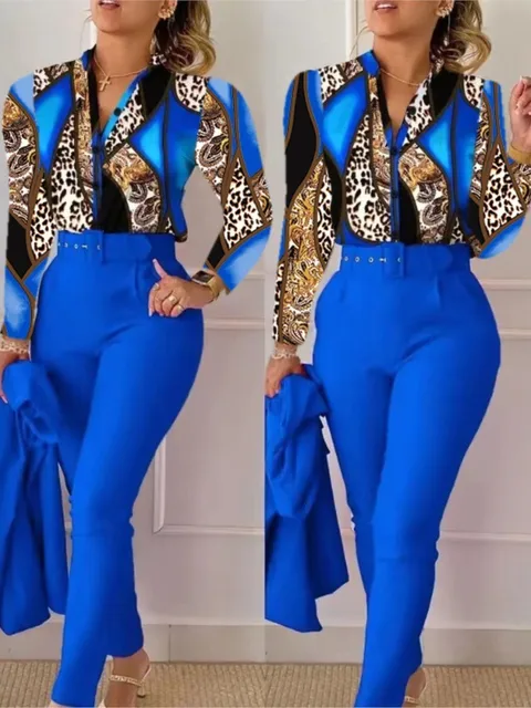 Elegant Women Printed Two Piece Suit Sets Spring Autumn V Neck Long Sleeve Shirt Top & Long Pants Set With Belt Workwear Outfits 6
