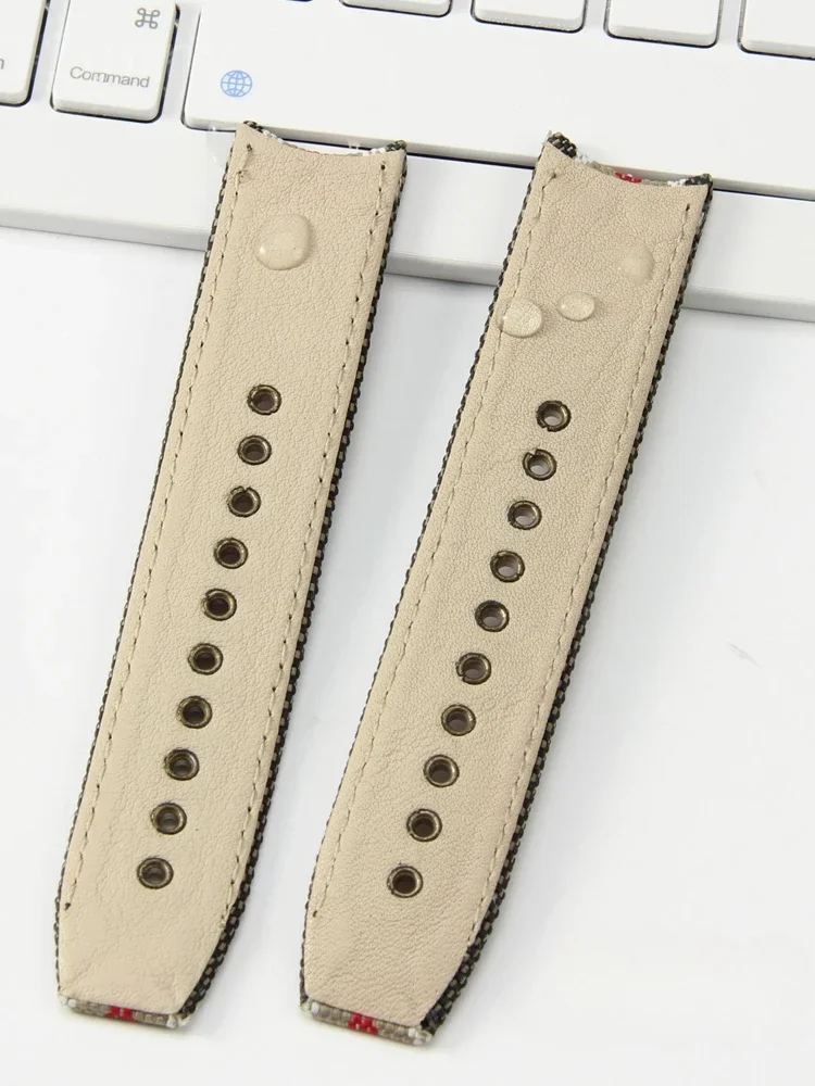 Men's Genuine Leather Cowhide Stripe Watch Strap in Nylon Canvas with Fold Buckle, 22mm