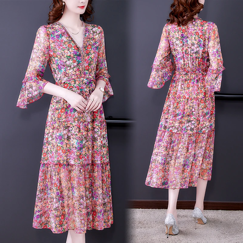 

2023 Spring and Summer New Silk Flower Print Short Sleeve Dress Women's Pink Silk Thin Waist Show Slim Dress
