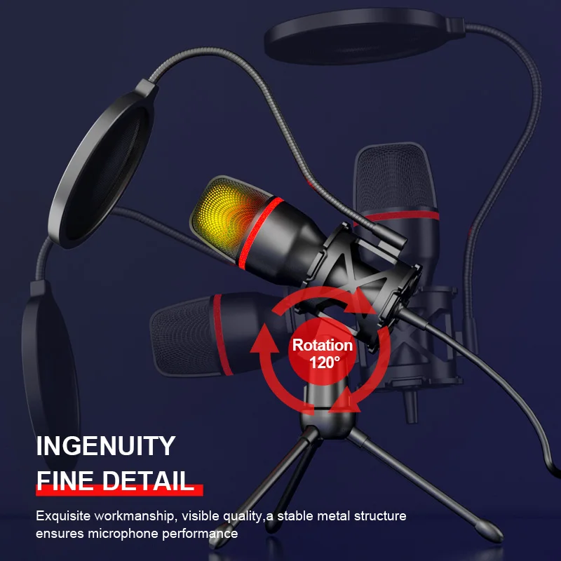 Microfono a condensatore professionale per computer, PC, laptop, USB, kit di accessori da gioco cablati, audio, streaming live, podcast, gamer, RGB - immagine 6
