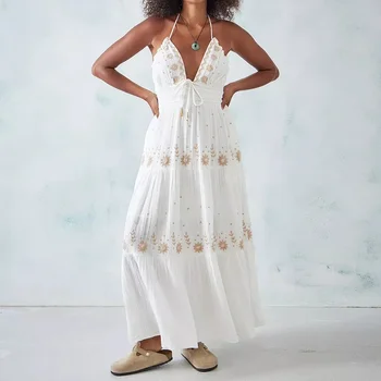 Bohemian Beach Long Dress for Women 2024 Summer V Neck Backless Halter Birthday Party Vestidos De Mujer