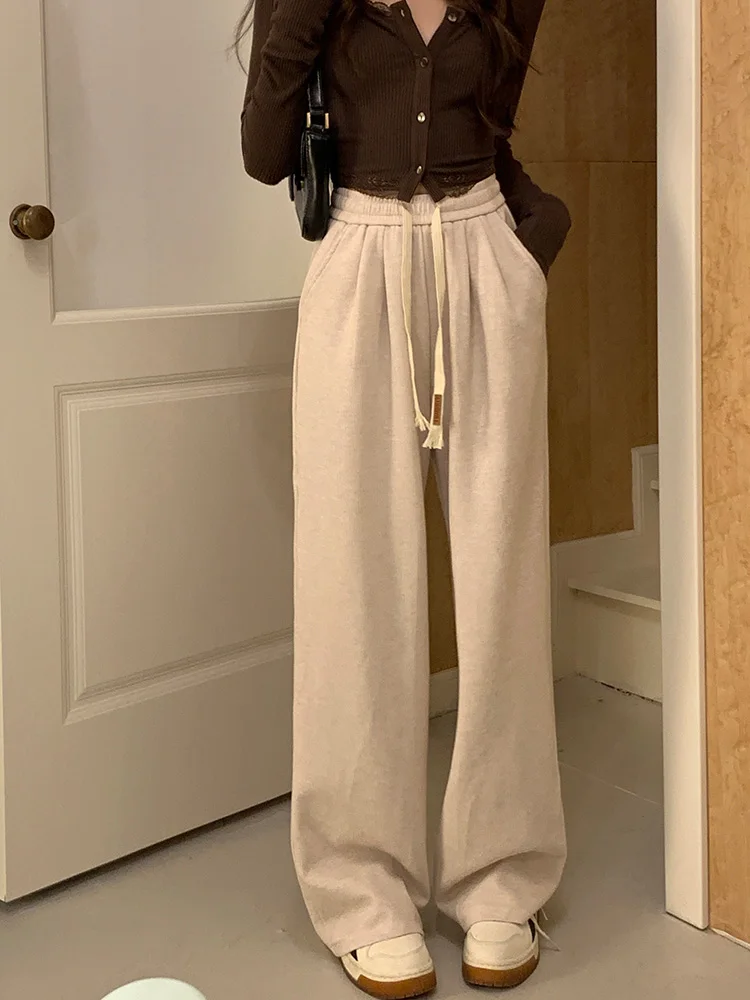 

Slergiri 2023 Autumn Winter New Women's Drawstring Waist Straight Pants Korean Fashion Loose Casual Sports Wide Leg Trousers
