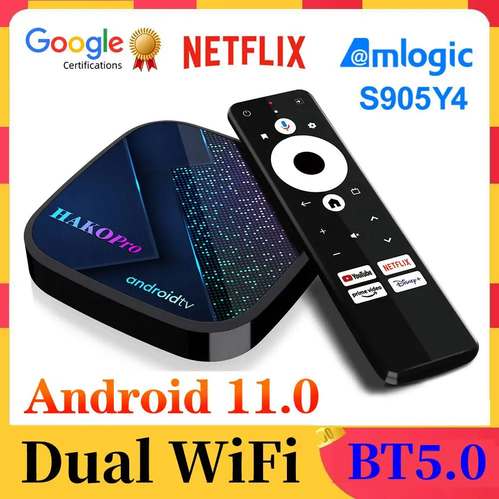 2023 Hako Pro Tv Box Android 11 Amlogic S905Y4 Netflix Google Certified Androidtv 11.0 Atv Media Player Av1 4K 2.4G E 5G Dual Wifi