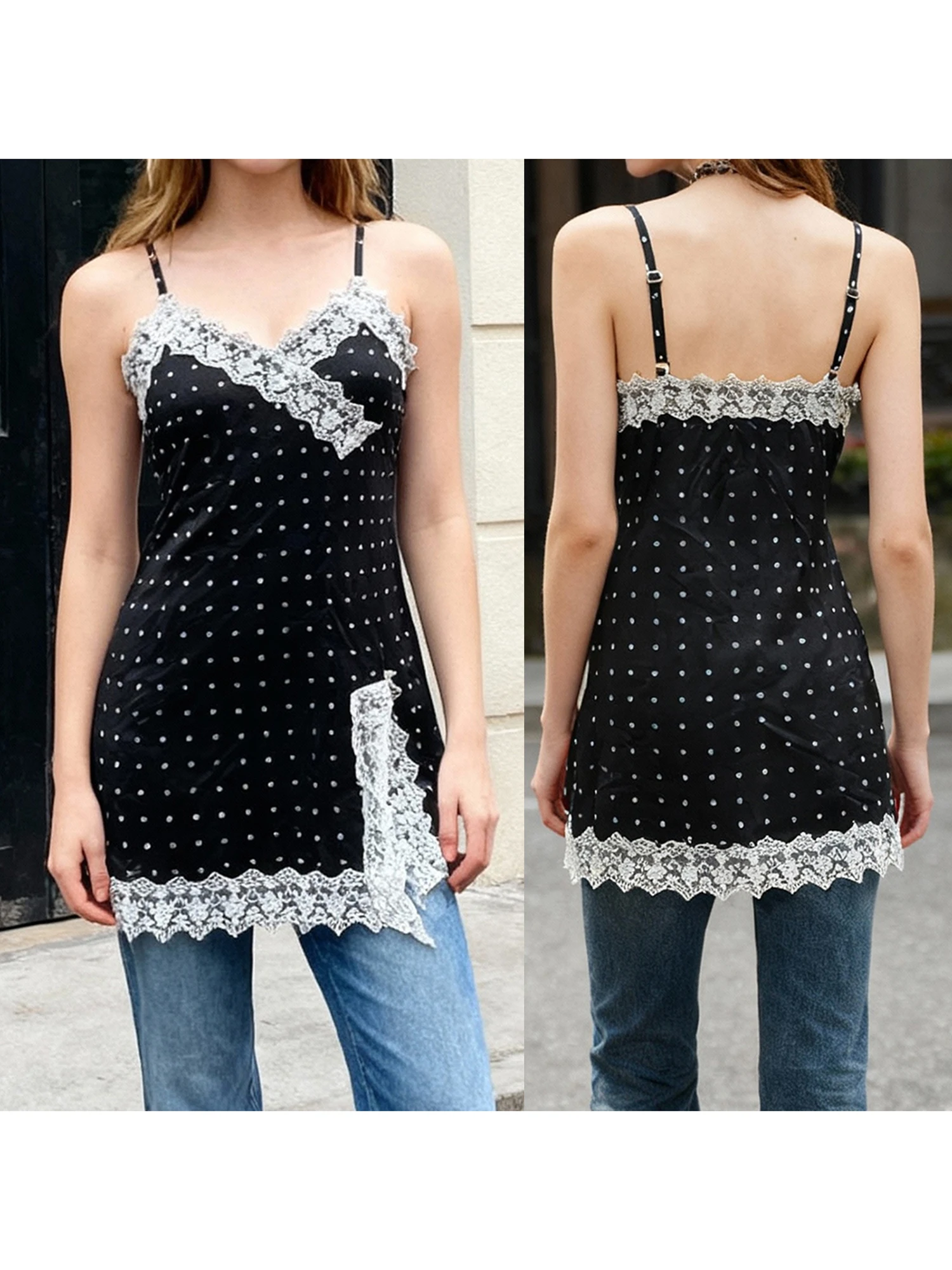 Women s Sleeveless V Neck Tank Top with Spaghetti Straps Polka Dot Print and Lace Patchwork Detail Summer Vest Shirt