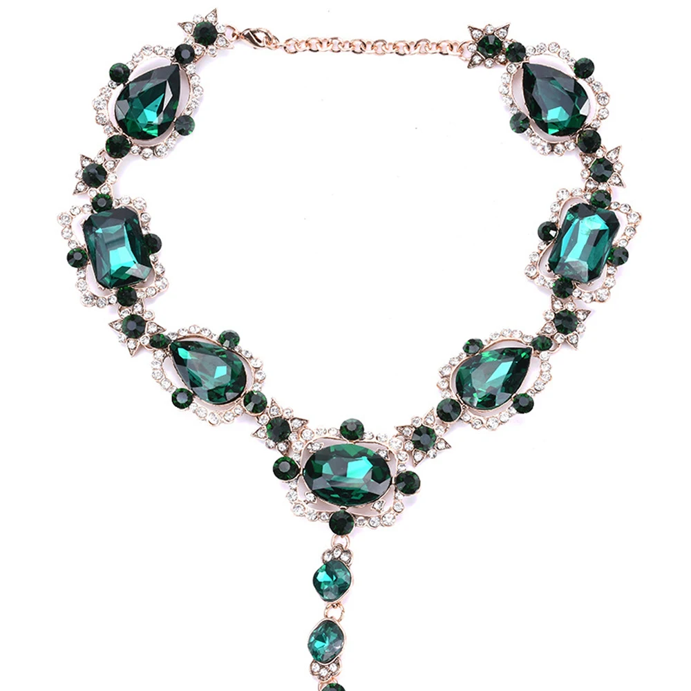 Green Gray Red Rectangle Glass Crystal Lady Body Chain Fashion Sexy Party Cross Neck Women's Statement Body Jewelry Accessories