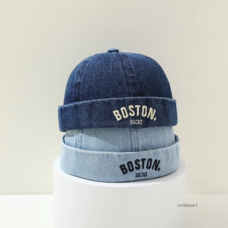 Washed Denim Baby Brimless Hat Retro Letter Embroidered Melon Cap for Infant Boy Girl Summer Adjustable Kids Docker Caps 6